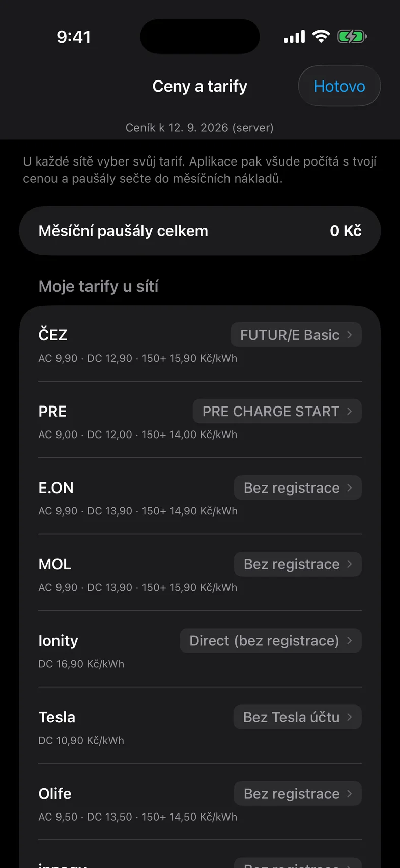 Seznam nabíjecích sítí s výběrem vlastního tarifu